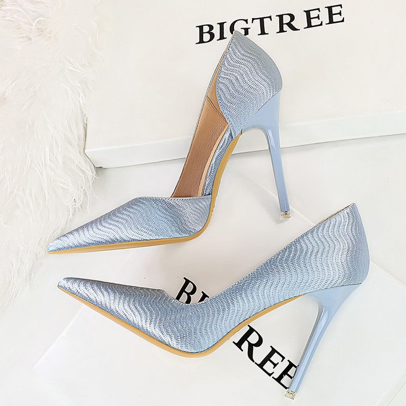 Shoes BIGTREE Wave Patterned Satin Women Pumps New 2024 Spring New High Pointed Side Hollow Ladies Heels Stilettos b681