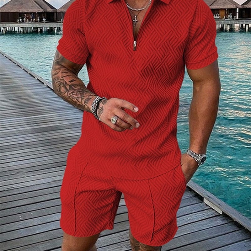 Summer Fashion Men 3D Printed Solid Color Polo Shirt And Shorts 2pcs Sets Zipper Tracksuit Set Oversized Tshirt Suits Clothing y240902