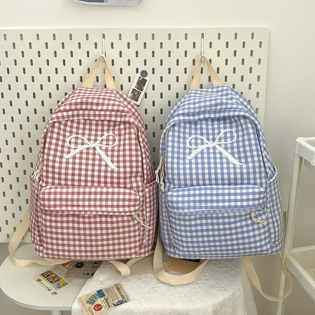 Cute bow plain aesthetic backpack lightweight school nylon student 240903