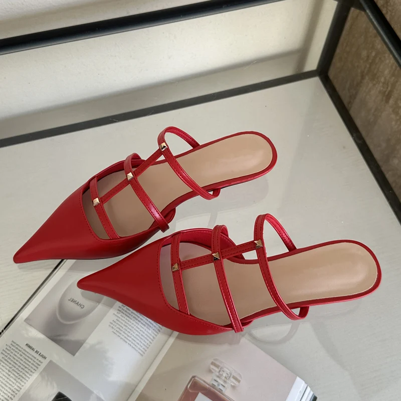 Eilyken New Design Rivet Pointed Toe Women Pumps Summer Narrow Band Low Heels Banquet Party Shoes Ladies Slippers 00d1