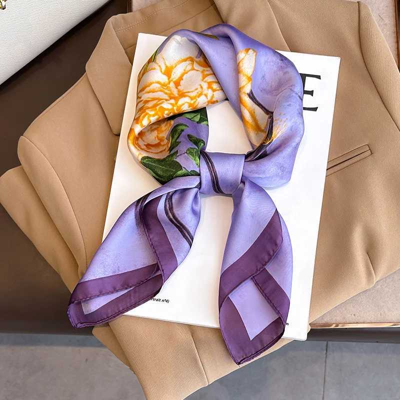 Purple Floral Print Silk Scarfs Men 70cm Square Scarves Fem Hijab Soft Satin Neckerchief Casual Decorate Lady Neck Ties X250319