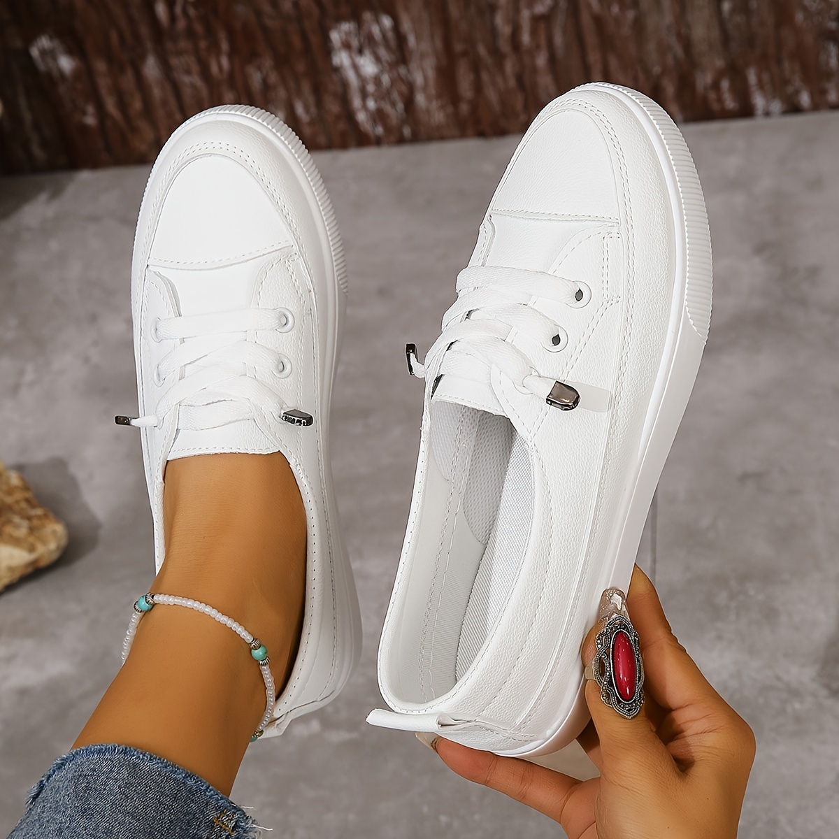 Womens Low-Top Slip-On Sneakers Breathable Mesh ing, Rubber Sole, Lace-Up Closure, Solid Color, Casual Style - All-Season, All-Match, White Trainers f