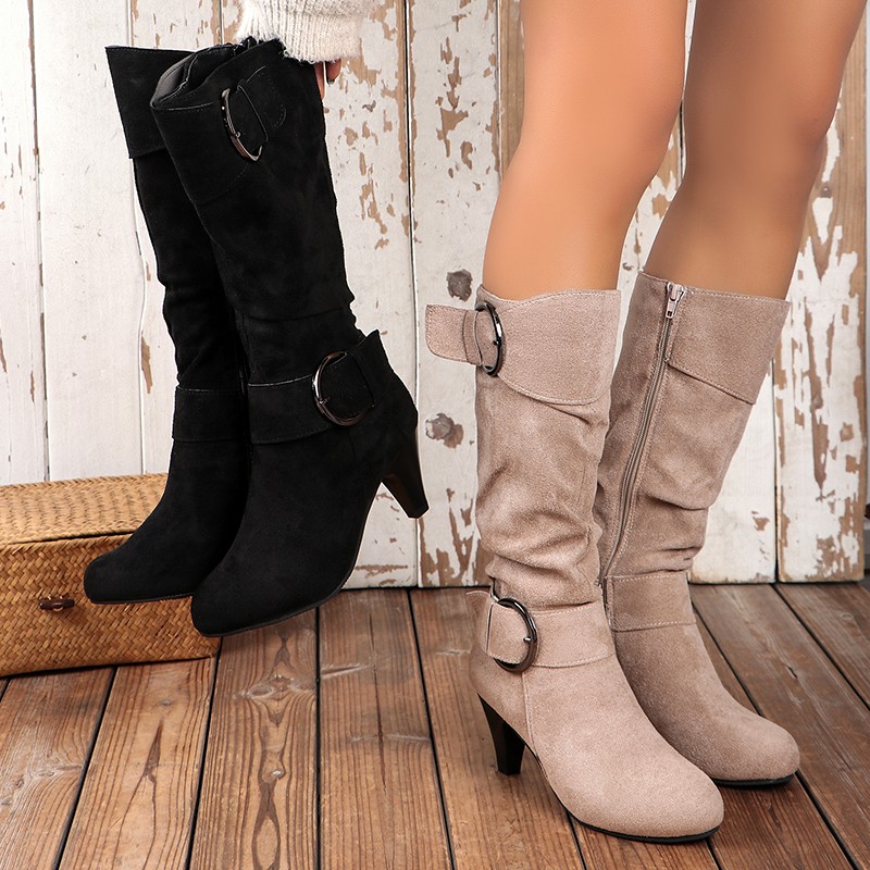 Womens Mid-Calf Boots 2024 Winter Designer Fashion High Heel Shoes Luxury Faux Suede Elegant Lady Western Side Zip Casual Buckle
