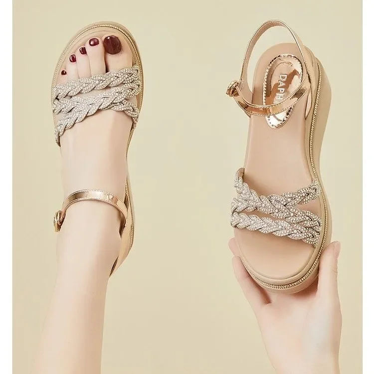 Women's 2024 Open Toe Gold Rhie Female Summer Fashion Thick Bottom Slope New with Ladies Sandals Women Shoes 791e