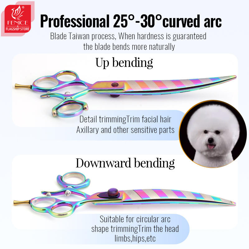 Fenice 8 inch Professional Pets Grooming Scissors 3 Hole 360° Rotating Handle Straight Curved Pet Hair Cutting Shears Scissors