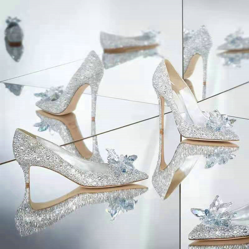 2024 Crystal Shoes Pointed Toe High-heeled Shoes Wedding Shoes Dress Low-heeled Pregnant Women Red Bride Wedding Pumps Two-wear