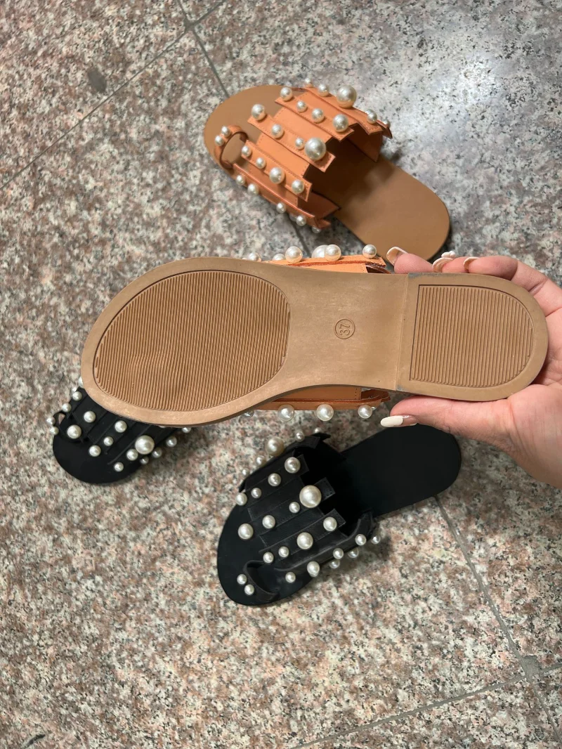Plus Size 43 Women's Flip Flops Summer Pearl Decoration Low Heel Slippers Casual Outside Flat Slides Sandal Shoe