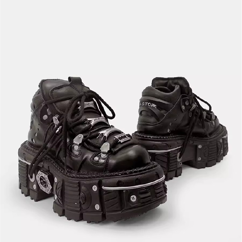 Style New 488c2 Punk Women Lace-up Heel Height 8CM Platform Shoes Gothic Ankle Rock Boots Metal Decor Woman Sneakers