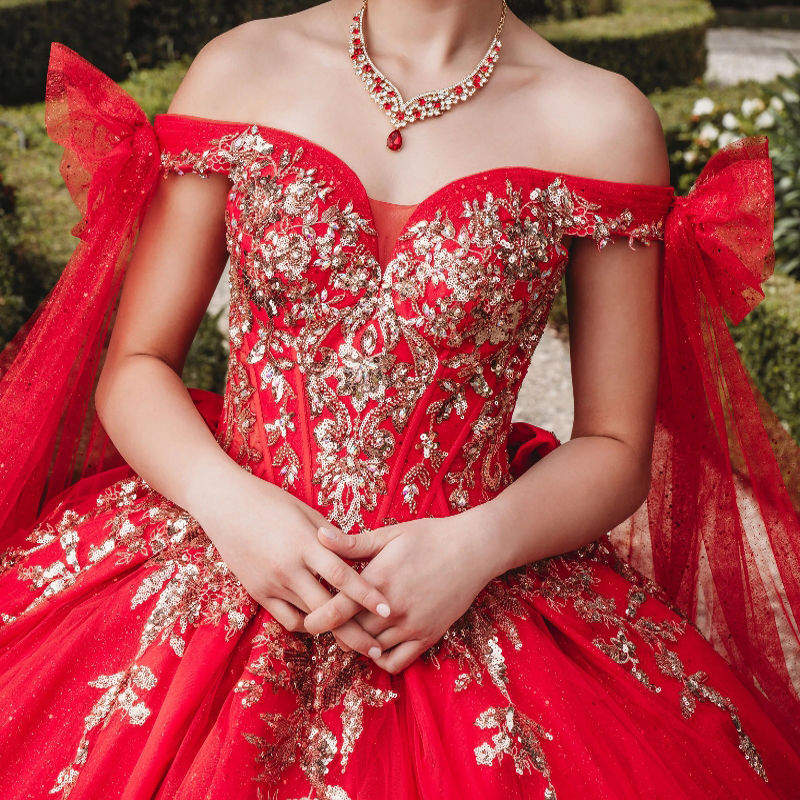Red Shiny Princess Dresses Sequins Lace Appliques Tull Sweet Dress Party Birthday Ball Gown Vestidos 15 De Quinceanera