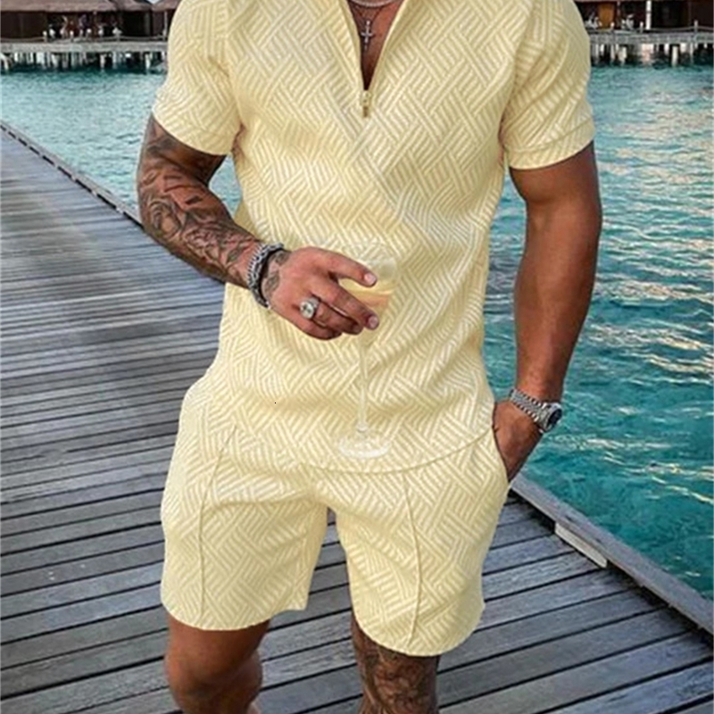 Summer Fashion Men 3D Printed Solid Color Polo Shirt And Shorts 2pcs Sets Zipper Tracksuit Set Oversized Tshirt Suits Clothing y240902