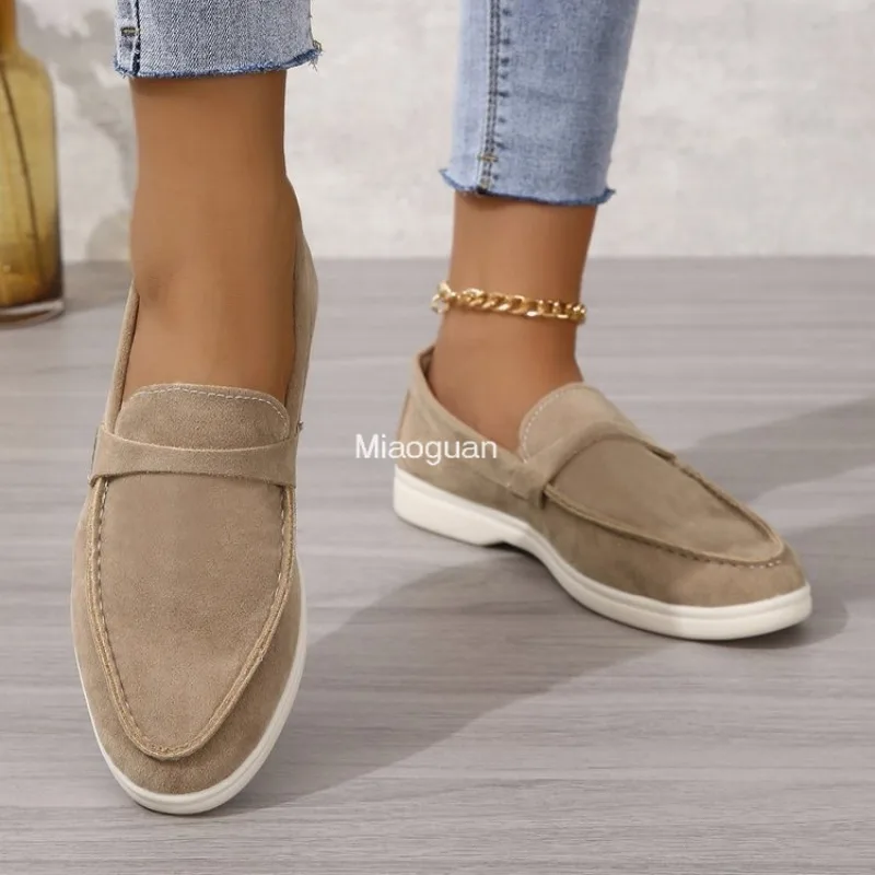 Leather Nude Suede Flats Women Loafers Spring Autumn Walk Moccasin Metal Lock Tassel Soft Sole Mules Causal Slip on Shoes