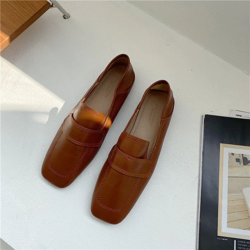 Leather Loafers Women, Flat Square Toe Slip-on Shoes, Casual Ladies Mules for Party and Driving