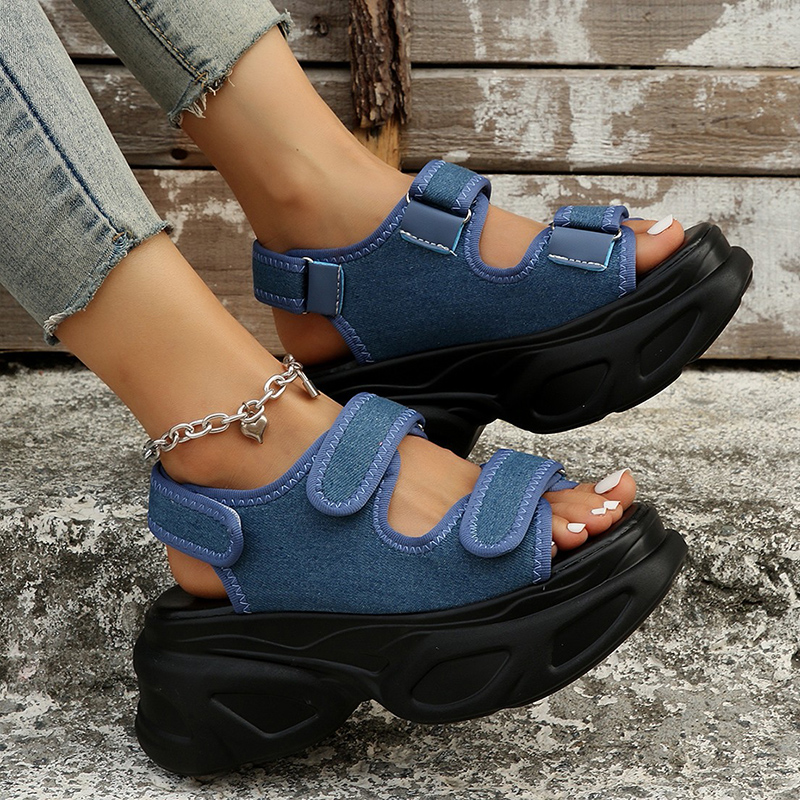 Blue Denim Chunky Platform Sandals Women Summer 2023 Plus Size Wedge Sandals Woman Gothic Hook Loop Thick Bottom Sandalias Mujer