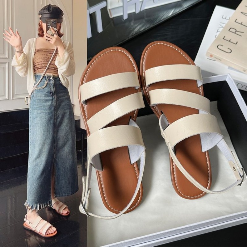 New 2024 Casual Low Heel Hot Selg Summer Solid Color Buckle New Shoes Rubber PU Women's Sandals 4b75