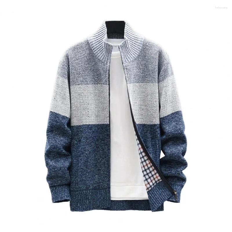 Men's Sweaters, Zip-Up Knitted Coat With Plush Ing, Stand Collar, Color Block Design, Daily Casual Outwear