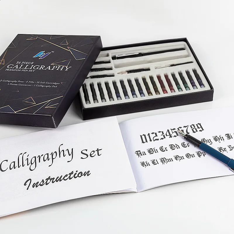 25 Piece Calligraphy Pen Writing Set 2 Fountain Pens 5 Nibs 16 Ink Cartridges for Art Gothic Flower Font English Sketch Drawing 240902