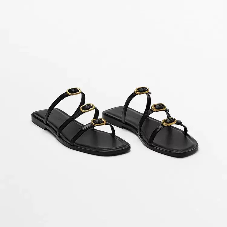 Buckle Strap Flat Slippers For Women 2024 Summer Round Head Open Toe Slipper Women New Leisure Black Indoor Sandals Shoes Ḁ
