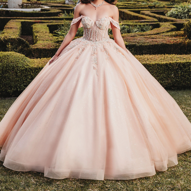 Champagne Shiny Off The Shoulder Princess Ball Gown Quinceanera Dresses Beads Crystal Tull Sequin Sweet 16 Dress Vestidos De XV 15 Anos