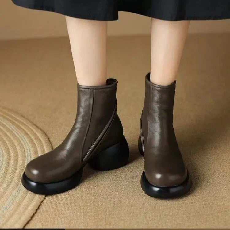 Short Women Winter New Genuine Leather Thick Sole British Style Comfortable Fashion Boots Street Walking Casual Shoes ae7e