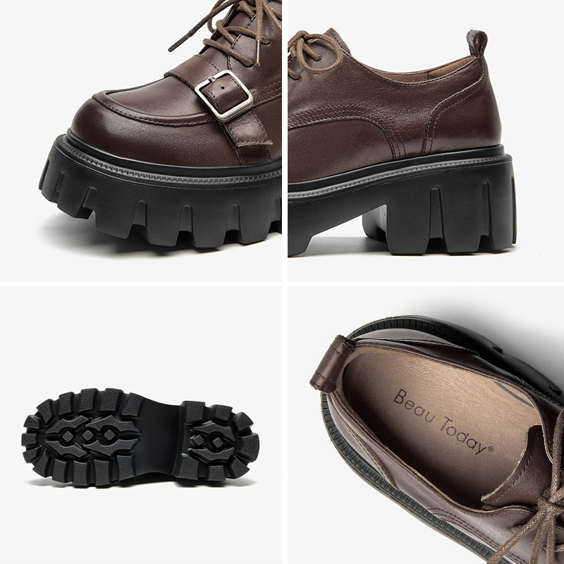 Derby New BEAUTODAY Shoes Women Calfskin Leather Belt Buckle Thick Sole Solid Color Lace-Up Autumn Ladies Oxfords Handmade 21965 8cb9