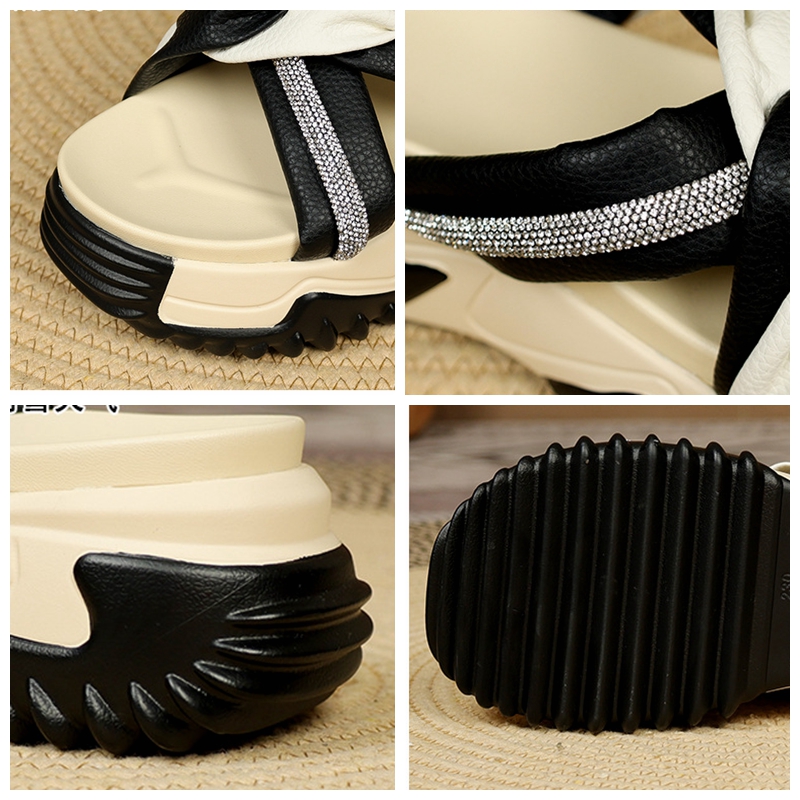 Fujin 7cm PU Leather Rhinestone Synthetic Weave Slippers Women Sandals Fashion Bling Summer Chunky Sneakers Platform Wedge Shoes