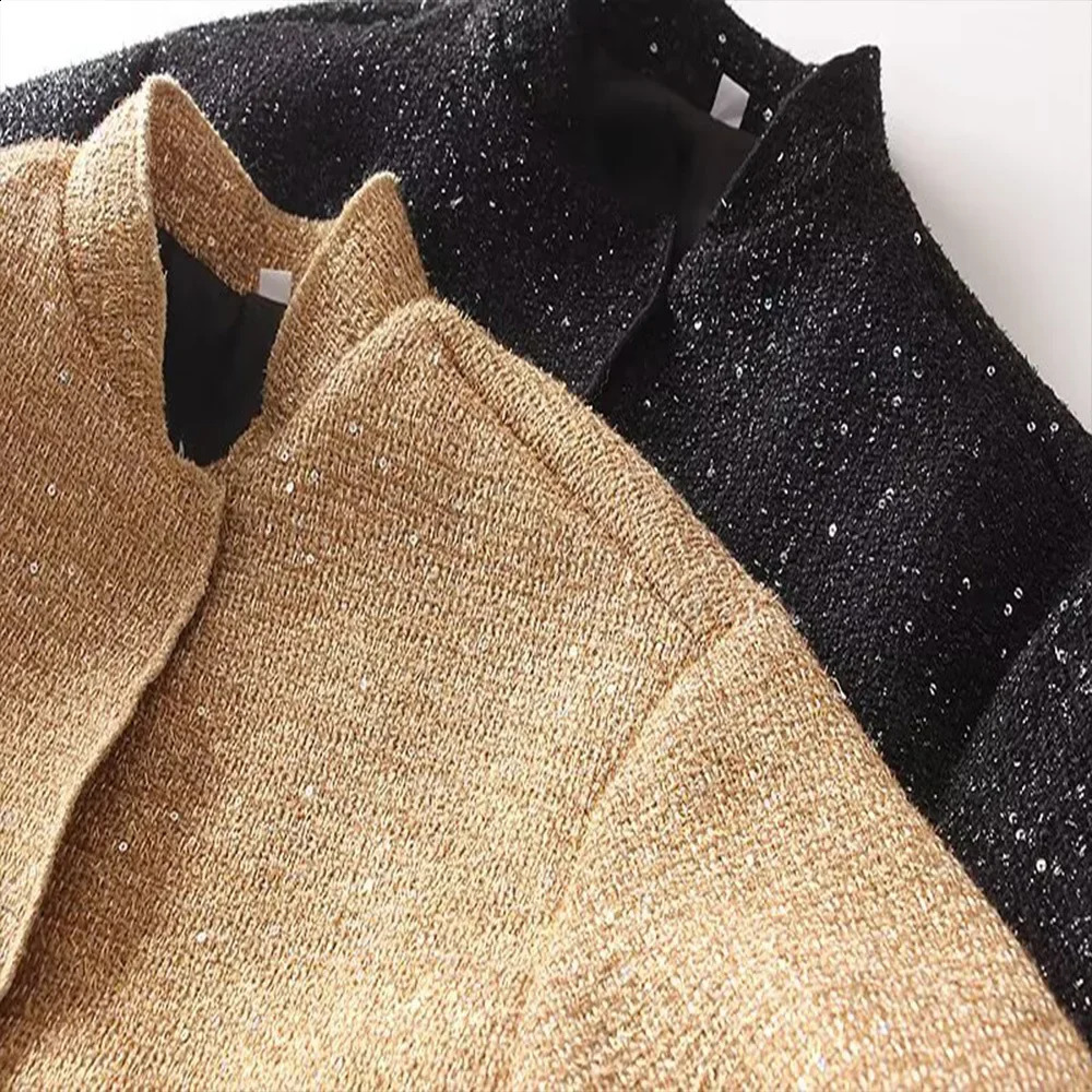 2024 Autumn Sequins Golden Loose Jacket for Women Sparkle Long Sleeve Casual Bomber with Pockets Female Fashion Coats 240903
