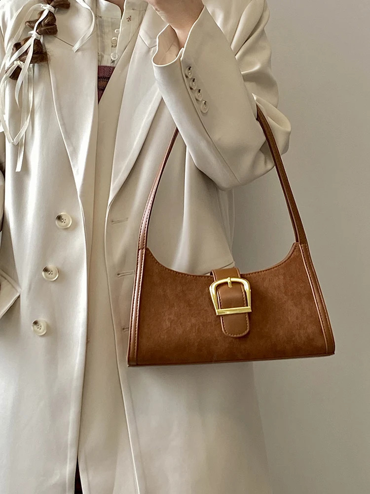Vintage Niche Womens Underarm Bags Fashion Suede High-end Single Shoulder Bags Female Casual Commuting Brown Handbag 240902