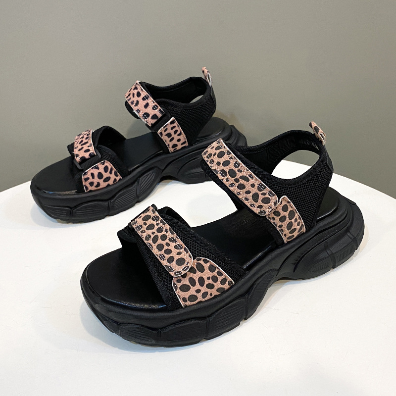 Leopard Hook Loop Platform Sandals Women Mesh Knitting Thick Bottom Sandals Woman Summer Wedges Non-Slip Sports Sandalias Mujer
