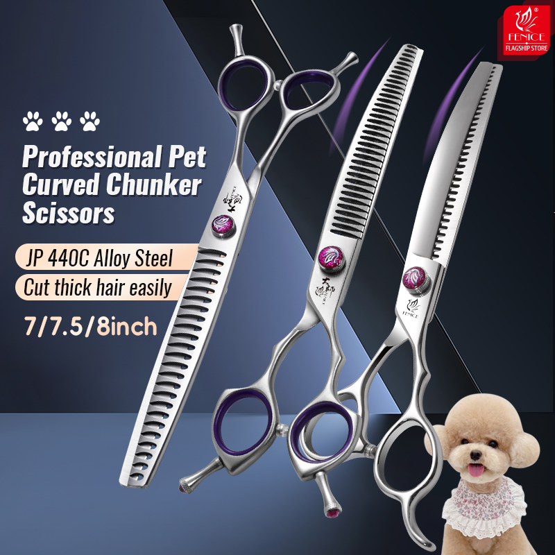 Fenice Dog Beauty Scissors 7.0/7.5/8 inch Professional Dog Grooming Scissors Straight/Curved Chunker Shears Shark Teeth JP440C