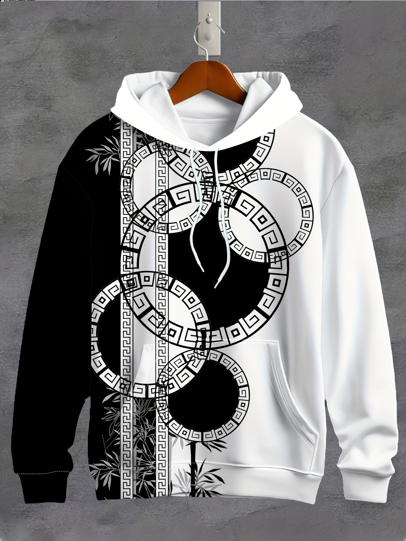 Contrast Color Geometric And Bamboo Print Fashion Hoodie For Men, Loose Fit Hooded Sweatshirt For Spring, Fall Winter