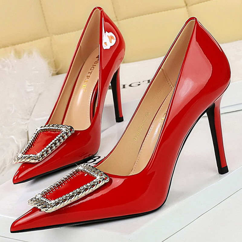Women BIGTREE Pumps Rhie Metal Buckle Design High Patent Leather Ladies Heels Stilettos Party Shoes 43 4a1d