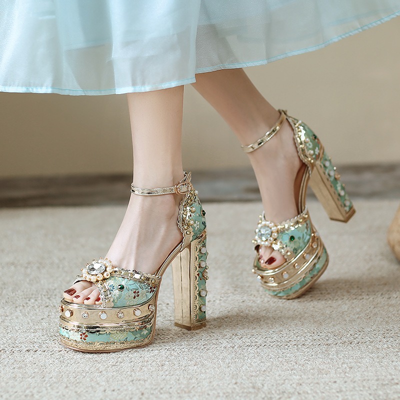 European and American Designer Brand Fashionable Rhinestone Banquet Sandals for Women's Summer Printed Thick Soled Shoes