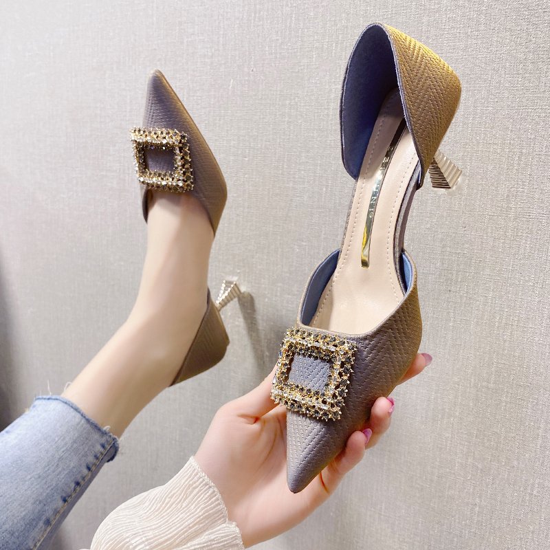 Glitter Rhinestone Square Buckle Decor Party Prom Shoes Temperament Mid Hollow Pointed Toe Ladies Pumps Thin Heels High Heels