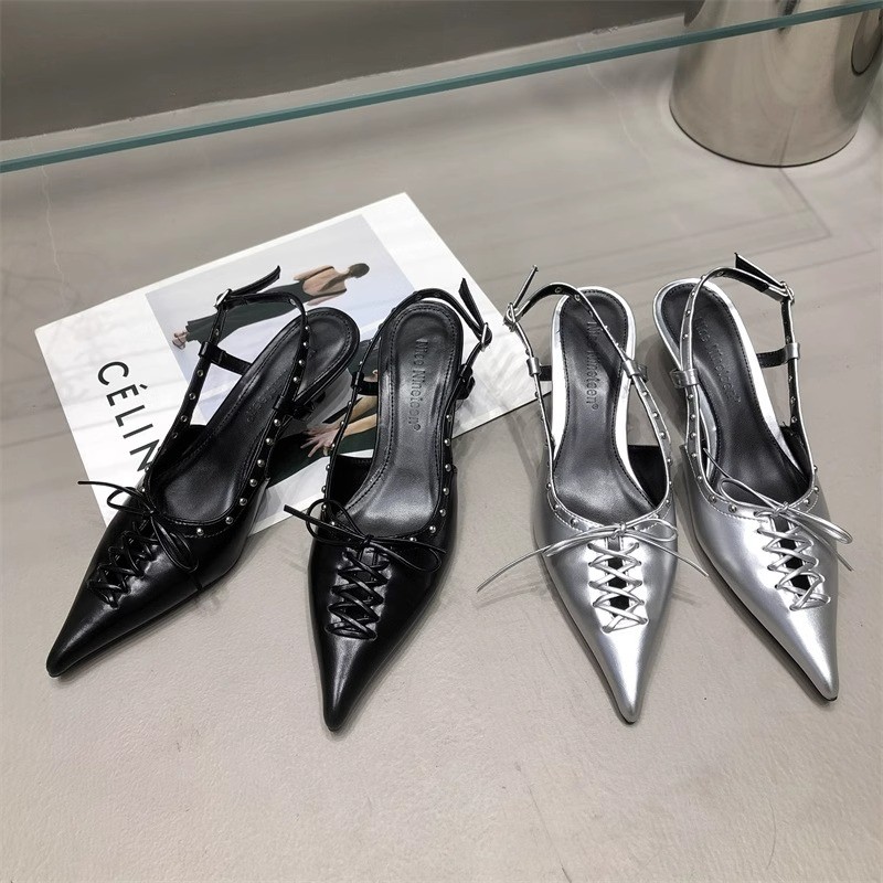 bow-wrapped Strap sandals 2024 summer new temperament pointed head after empty low heel shoes stiletto high heels women 62f0 s