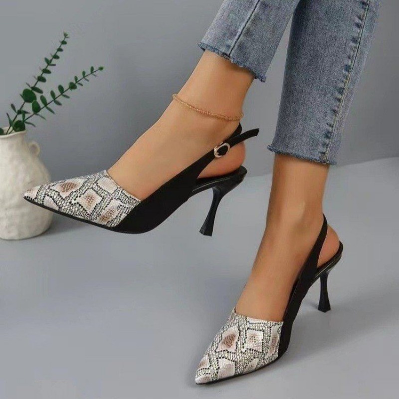 2025 new New High Heels Mules Sandals Women Fashion Snake Pattern Thin Heeled Shoes Woman Back Strap Pointed Toe Sandalias 80c2