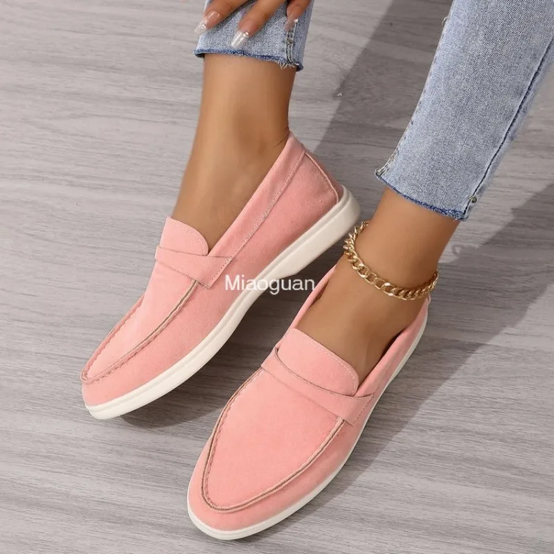 Leather Nude Suede Flats Women Loafers Spring Autumn Walk Moccasin Metal Lock Tassel Soft Sole Mules Causal Slip on Shoes