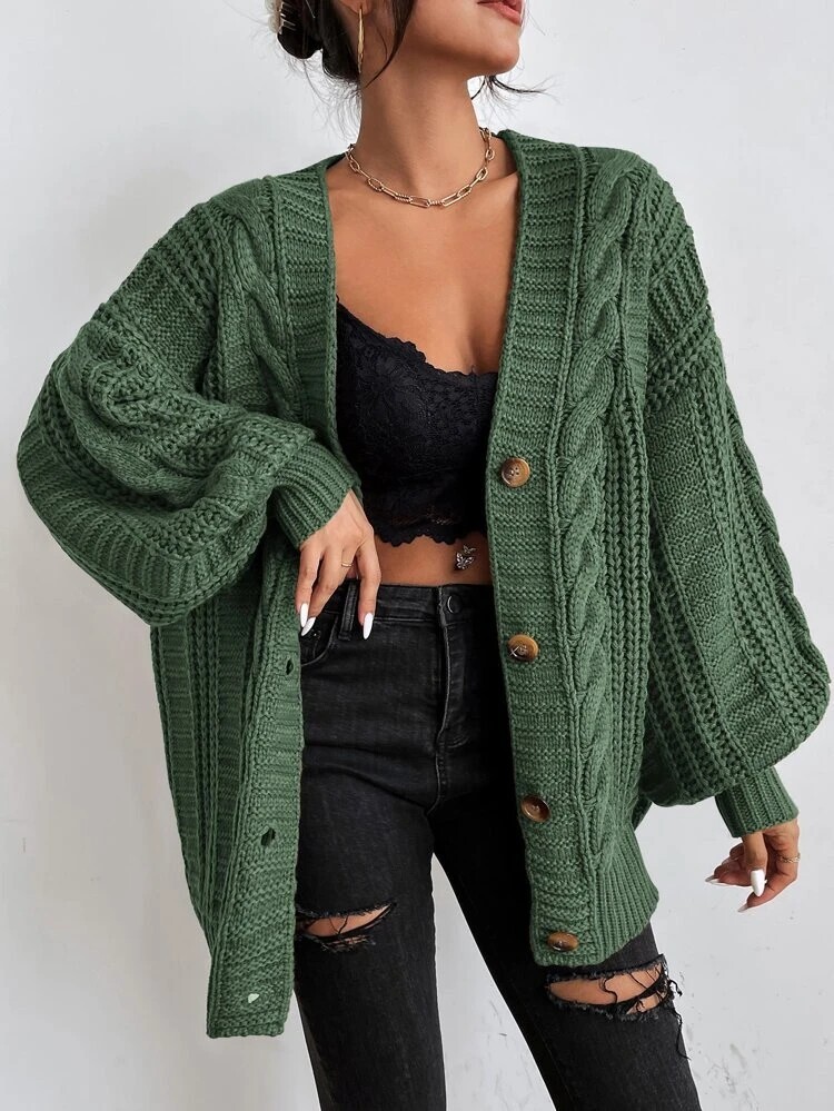 Loose sweater coat women fat autumn winter lazy Fried Dough Twists solid color cardigan V-neck lantern sleeve