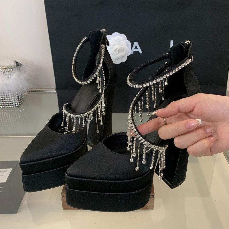 Satin New Tassels Rhies Women Pumps Elegant Pointed Toe Platform Wedges Super High Heels Runway style Party Prom Shoes dae0 0453