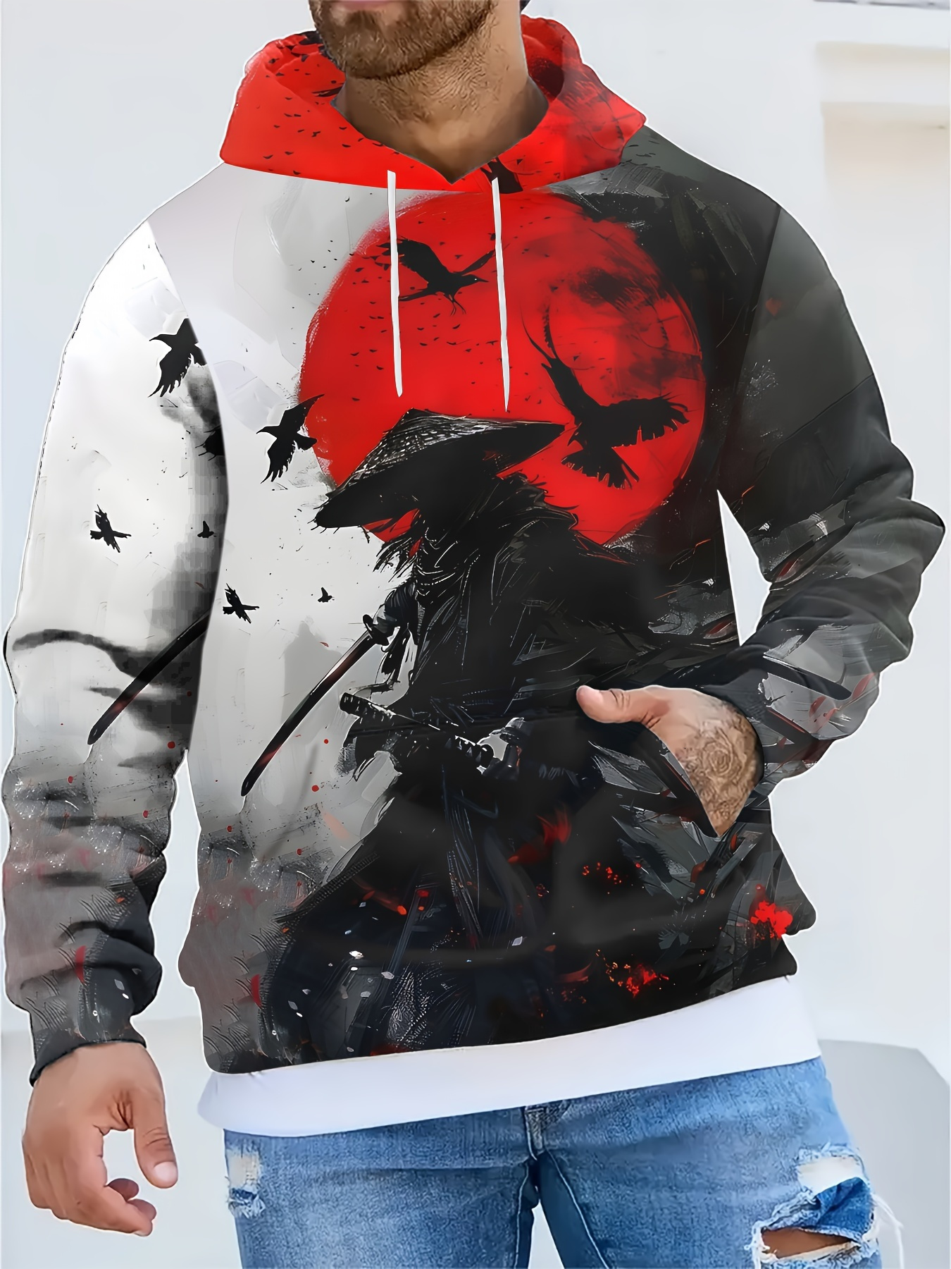Men's 3D Samurai Print Hoodie with Kangaroo Pocket - Casual Pullover, Long Sleeve, Polyester Blend