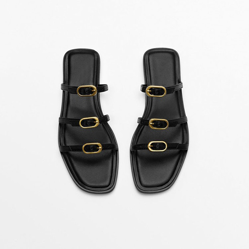 Buckle Strap Flat Slippers For Women 2024 Summer Round Head Open Toe Slipper Women New Leisure Black Indoor Sandals Shoes Ḁ