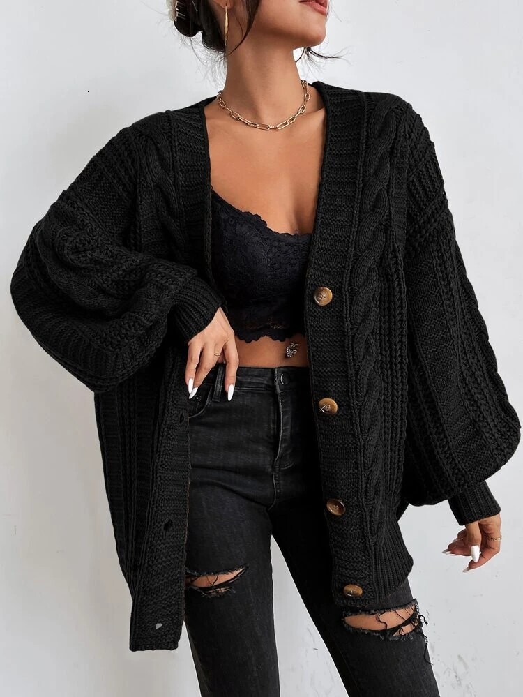 Loose sweater coat women fat autumn winter lazy Fried Dough Twists solid color cardigan V-neck lantern sleeve