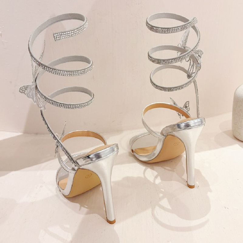 Fashion Rhinestone Golden Butterfly-knot Crystal Sandals Women's Night Club Stiletto Heel Wrap Strap Peep Toe Shoes