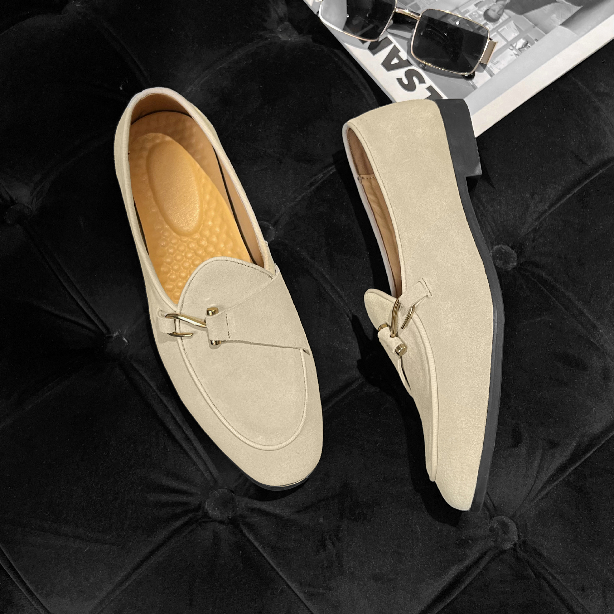 Fashion Men's Casual Shoes Cow Suede Genuine Leather Men British Style Buckle Monk Loafers Mens Slip-on Outdoor Driving Flats dh1102140750