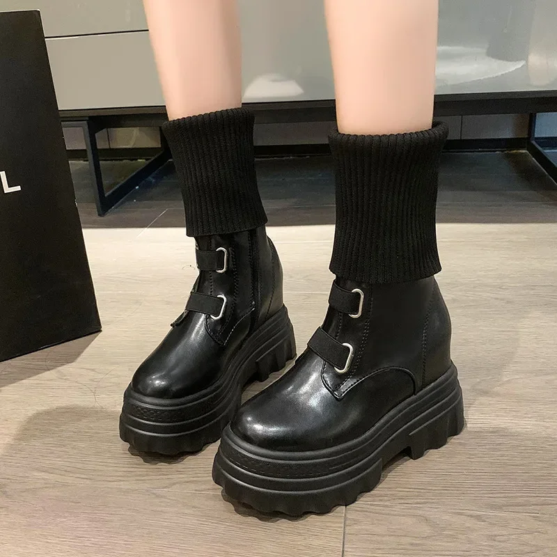 Platform Women Gothic Elastic New Band Wedges Boots Frosted Leather Thick Sole Punk Internal Increated Short Botas Mujer