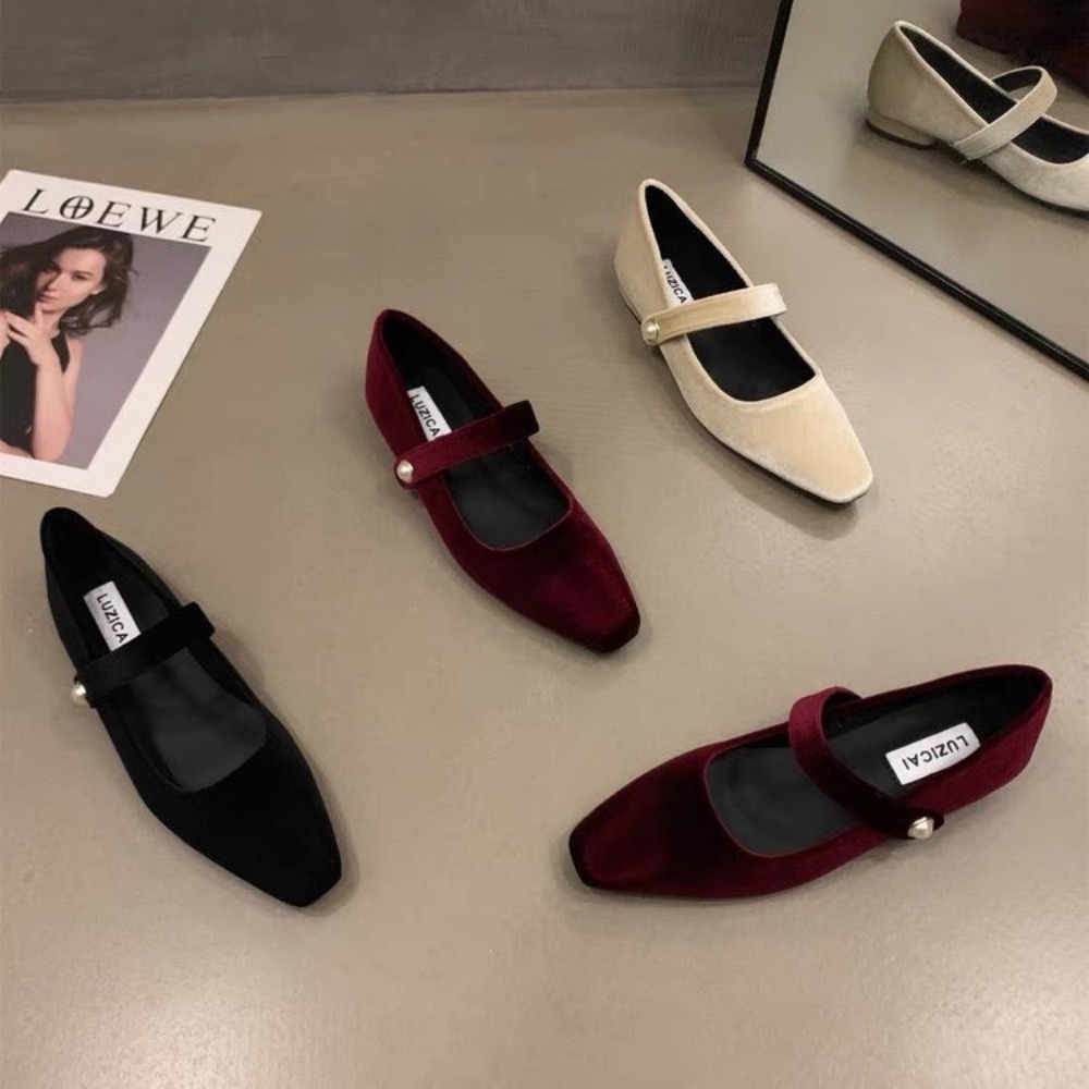 Elegant Pearl Buckle Velour Mary Jane Shoes Woman Concise Veet Ballet Flats Ladies Evening Party Low Heel Pumps In Wine-Red dh912615539