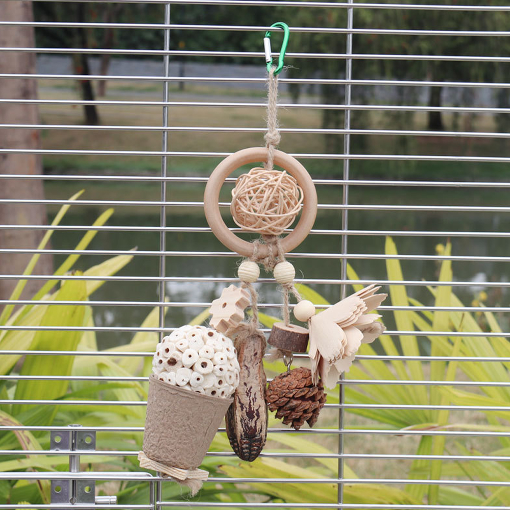 Parrot Toy Bird Chewing Toys Natural Wood Block Rattan Ball Pinecone Bird Bite Toy Hanging Bird Cage Toys For Macaws Parakeets
