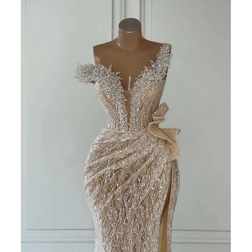 Elegant Champagne Mermaid Dresses Sleeveless Beaded Appliques Sequins Pearls or Length Side Slit Lace Evening Formal Gown