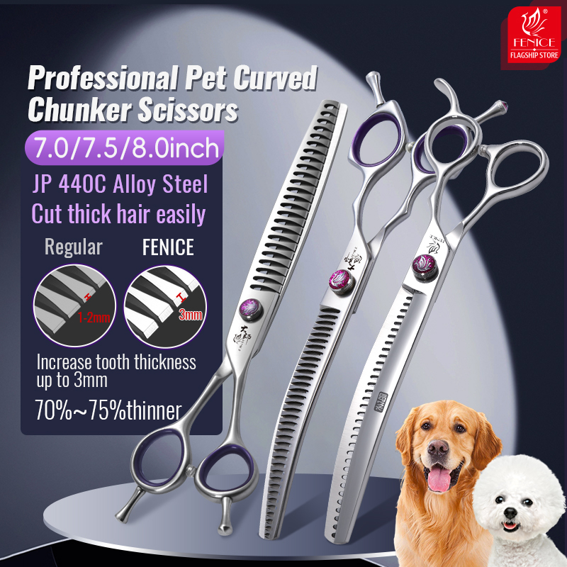 Fenice Dog Beauty Scissors 7.0/7.5/8 inch Professional Dog Grooming Scissors Straight/Curved Chunker Shears Shark Teeth JP440C