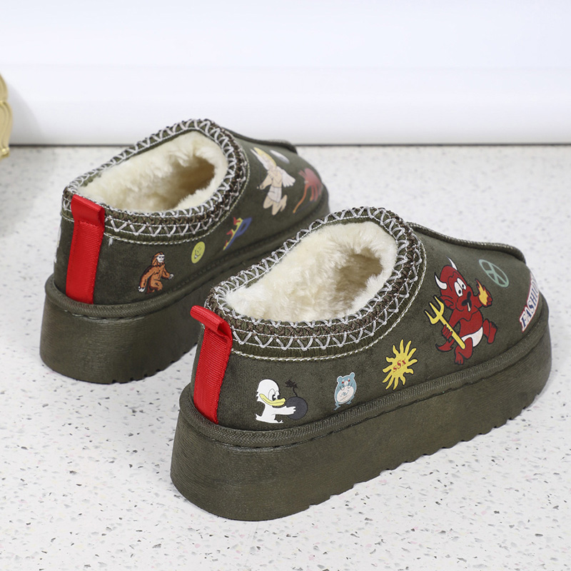 Warm Women Thick Fluff Snow Boots Cute Cartoon Pattern Print Platform Ankle Botas Casual Short Plush Flat Shoes Autumn Winter fcee