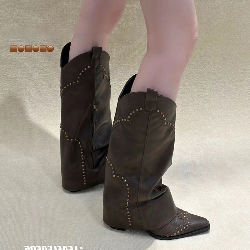 New Autumn Retro Pointed Toe Western Women's Brown Riveted Trouser Thick Heels Long Tube Boots Botas De Mujer 1e4c